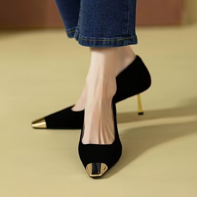 Women's Pumps Mid Heels Office Lady Shoes Gold Toe Boat Shoes Black Gold Heels Dress Shoes Velvet Pump Spring Autumn 1740N