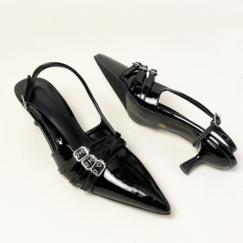 2025 new Fashion Black Shallow Designer Pumps Women Medium Female Pointed Toe Footwear Buckle Ladies Thin Heels Shoes Sandals 210d