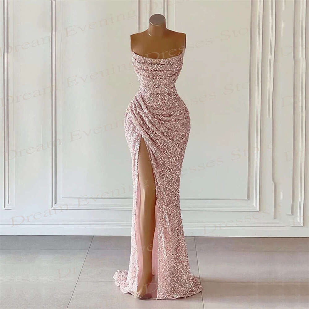 Generous Pink Mermaid Shiny Glitter Evening Dresses ful Strapless Sleeveless Prom Gowns Sexy Side Split Vestidos De Fiesta