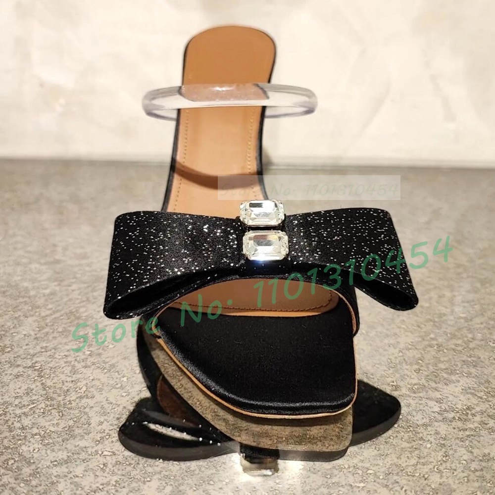 Bowknot Satin High Heels Slippers Women Summer Elegant Multicolor Crystal Bling Shoes PVC Strap Ladies Casual Open Toe Mules