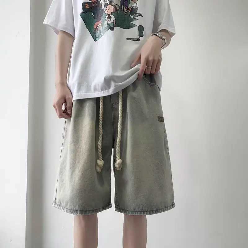 Mens Summer New Washed Denim Shorts Rope Elastic Waist Casual Loose Five Points Drawstring Jeans ShortsX240914