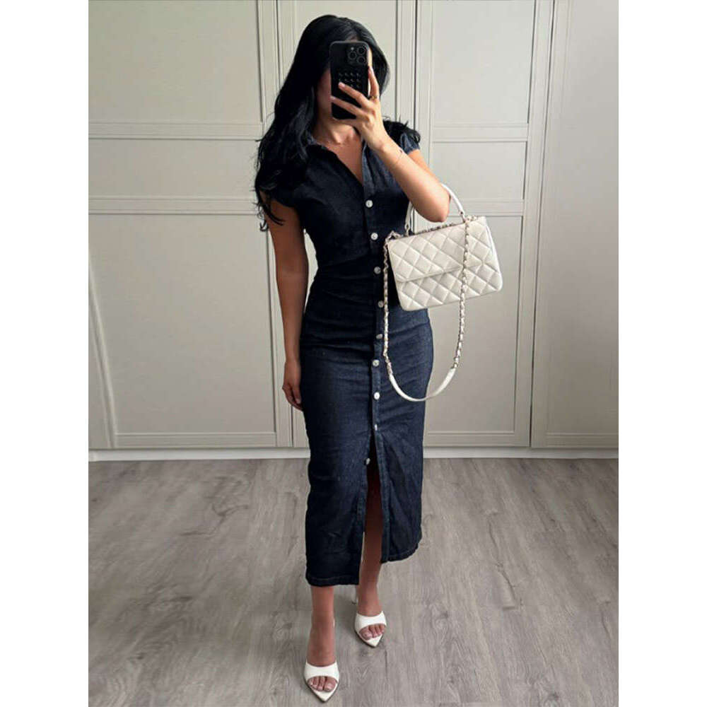 Women Elegant Metal Single Breasted Denim Dress Fashion Short Sleeves Pleated Slim Fits Dresses 2024 New Female Street Robes