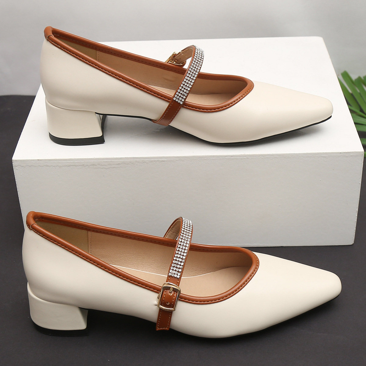 2025 new fc668 color Brand Mixed Designer low heel leather shoes woman pointed toe crystal ankle strap mary janes solid beige pumps big size 43