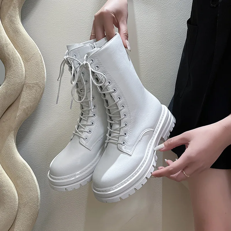 Dropshipping Women Mid Calf Boots Autumn Winter Boots Woman Fashion Lace-up Ladies Chelsea Zipper Platform Heel Ladies Shoes2023