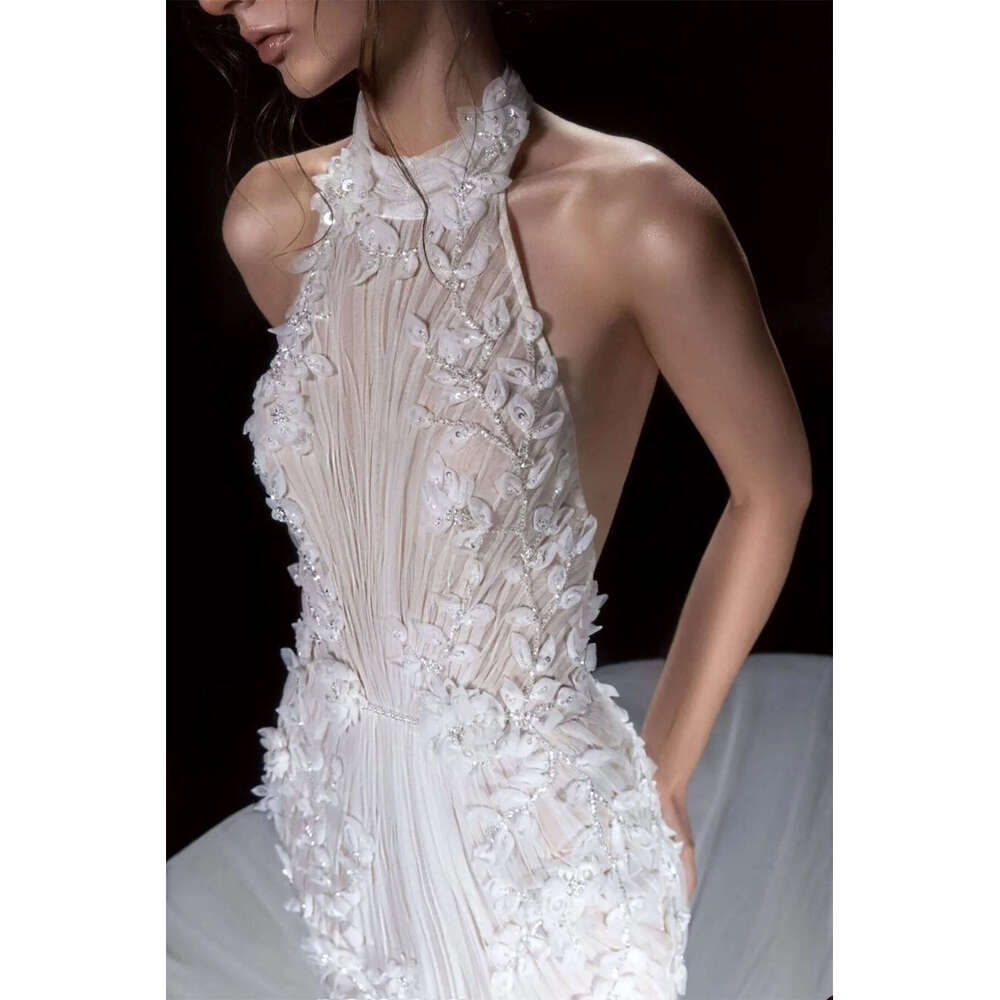 Mermaid Halter Illusion Wedding Dress with Pearls and Beading