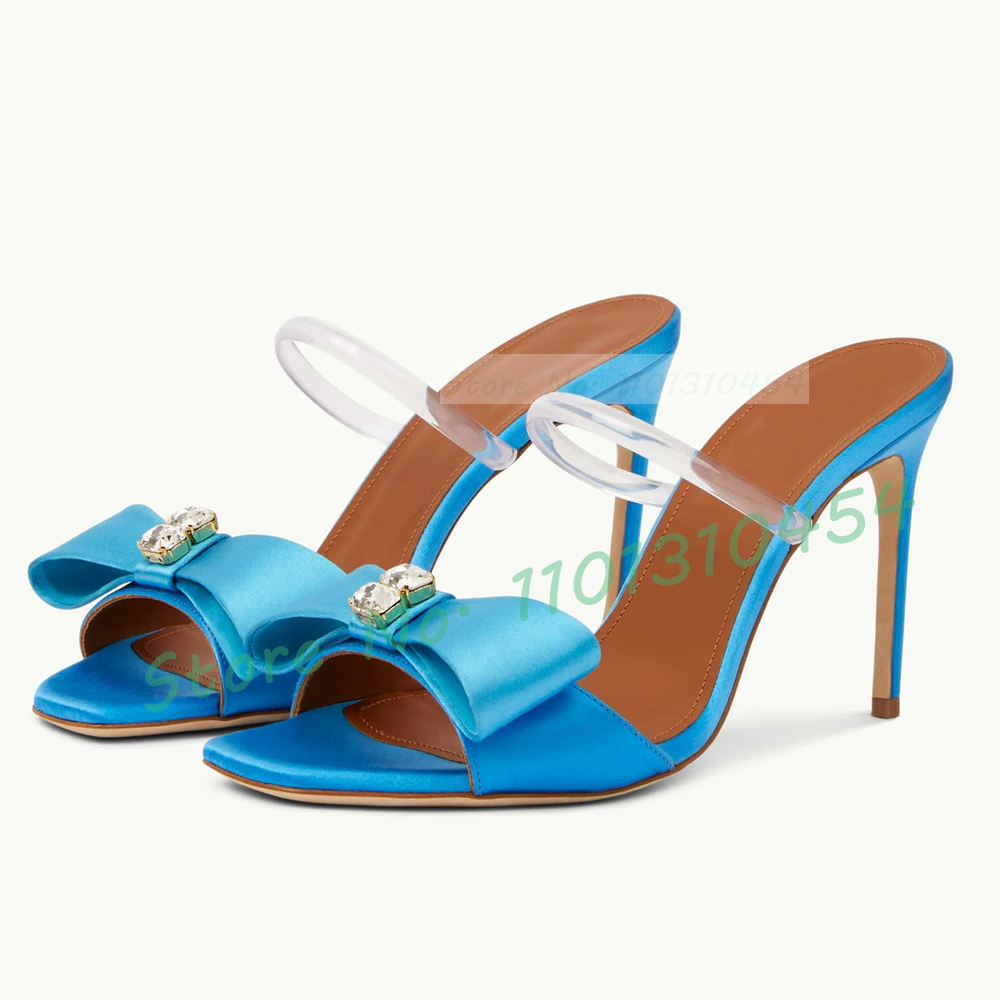 Bowknot Satin High Heels Slippers Women Summer Elegant Multicolor Crystal Bling Shoes PVC Strap Ladies Casual Open Toe Mules