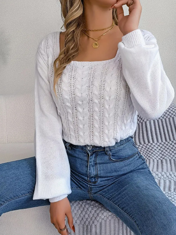 dongdumaoyi New autumn and winter square neck long sleeve pullover sweater solid casual Fried Dough Twists thread knit F0914#42