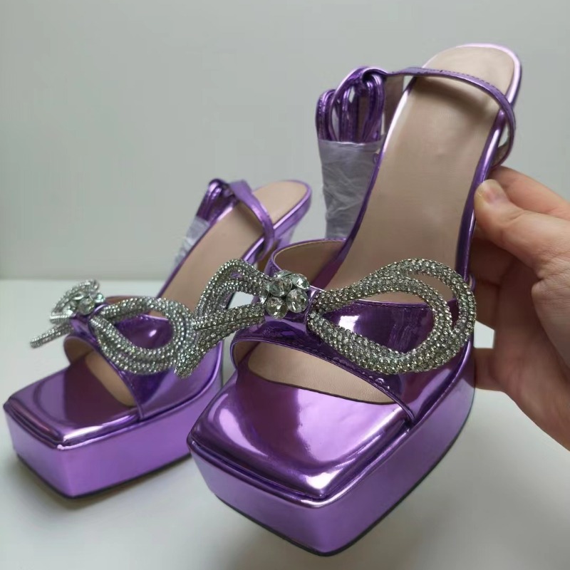 Square Head Rhie Bow Tie Sandals for Women - 2024 Summer European American Ankle Strap Walk Show High-heeled Shoes 4 Highheeled