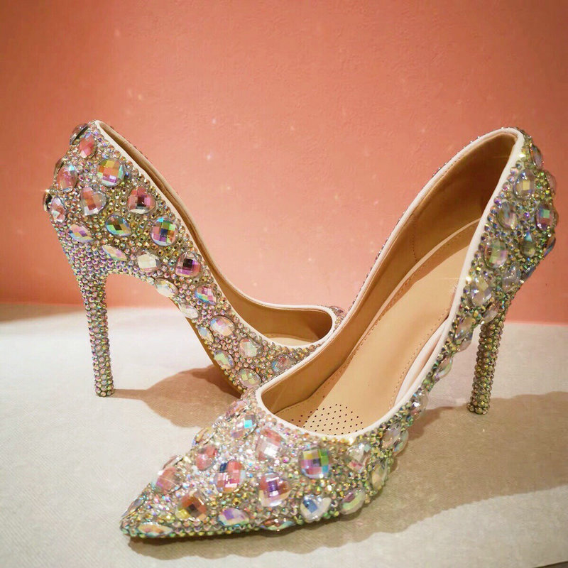 White Diamond women wedding shoes Bride High Heels Shoes Ladies Super Party Dress Shoes Woman Pointed Toe