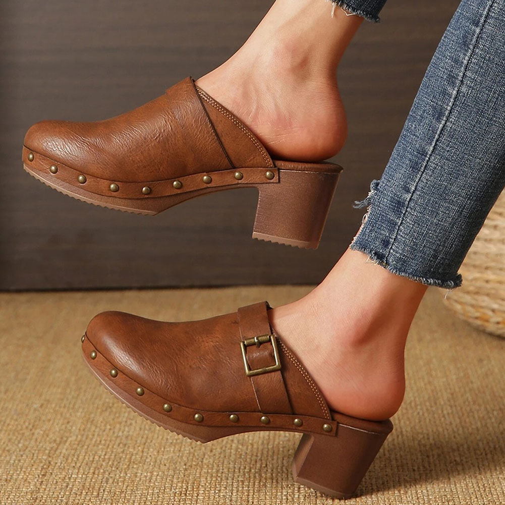 Brand New Dropship 2023 New Women Brown Buckle Decor Mules Chunky Heeled Elegant Pump Vintage Comfy Women Mules Sandals Shoes
