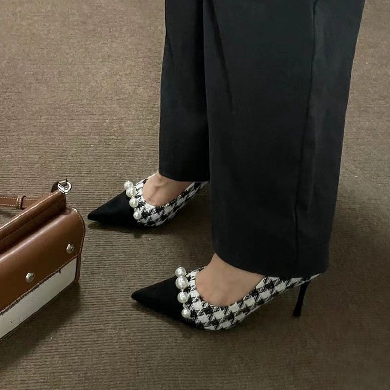 Korean Version Pearl High Heels Slender Heel Spike Single Shoes 2023 New Fashion Simple Shallow Mouth Womens Shoes Autumntime