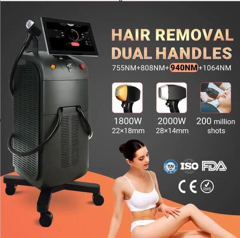Directly effect diode laser hair removal machine 755 940 808 1064nm diode laser wih 2 handles 2000w +1800 watts 2 times parmanebtly removal hair beaut