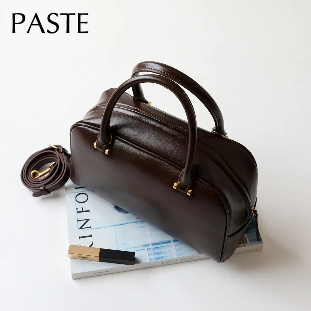 Simple Glossy Coffee Not Easily Dirty Boston Tote Cow Leather Womens Shoulder Bag Retro Street Lady Handbag 240723