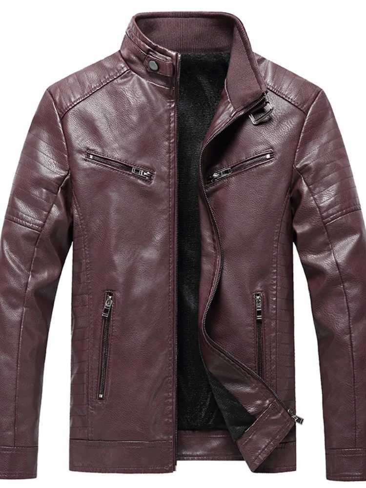 New leather jacket mens plush jacket casual Korean version personalized PU leather jacket youth standing collar leather jacketX240913