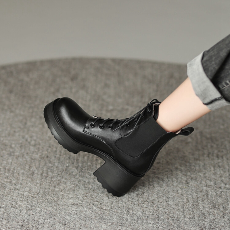 Autumn NEW Genuine Leather Round Toe Platform Height Increasing Lace-up Casual Solid Short Boots Women 7576