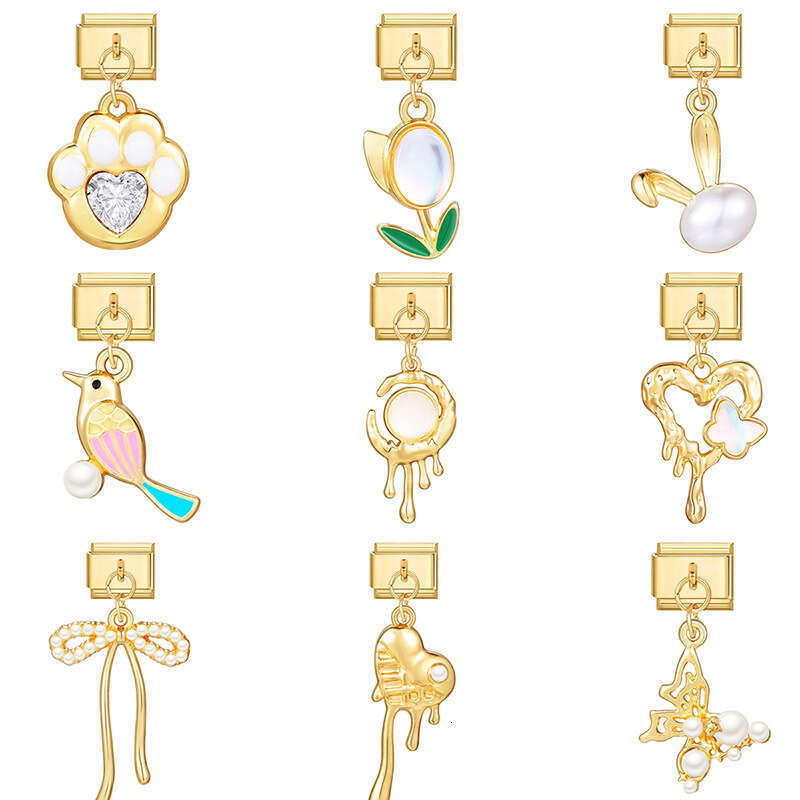 New Women's Gift Gold plated Pendant Heart bead Italian Charms Links Bangle Beads Fit 9mm Stainless Steel Bracelet Making DIY For Women Fashion J