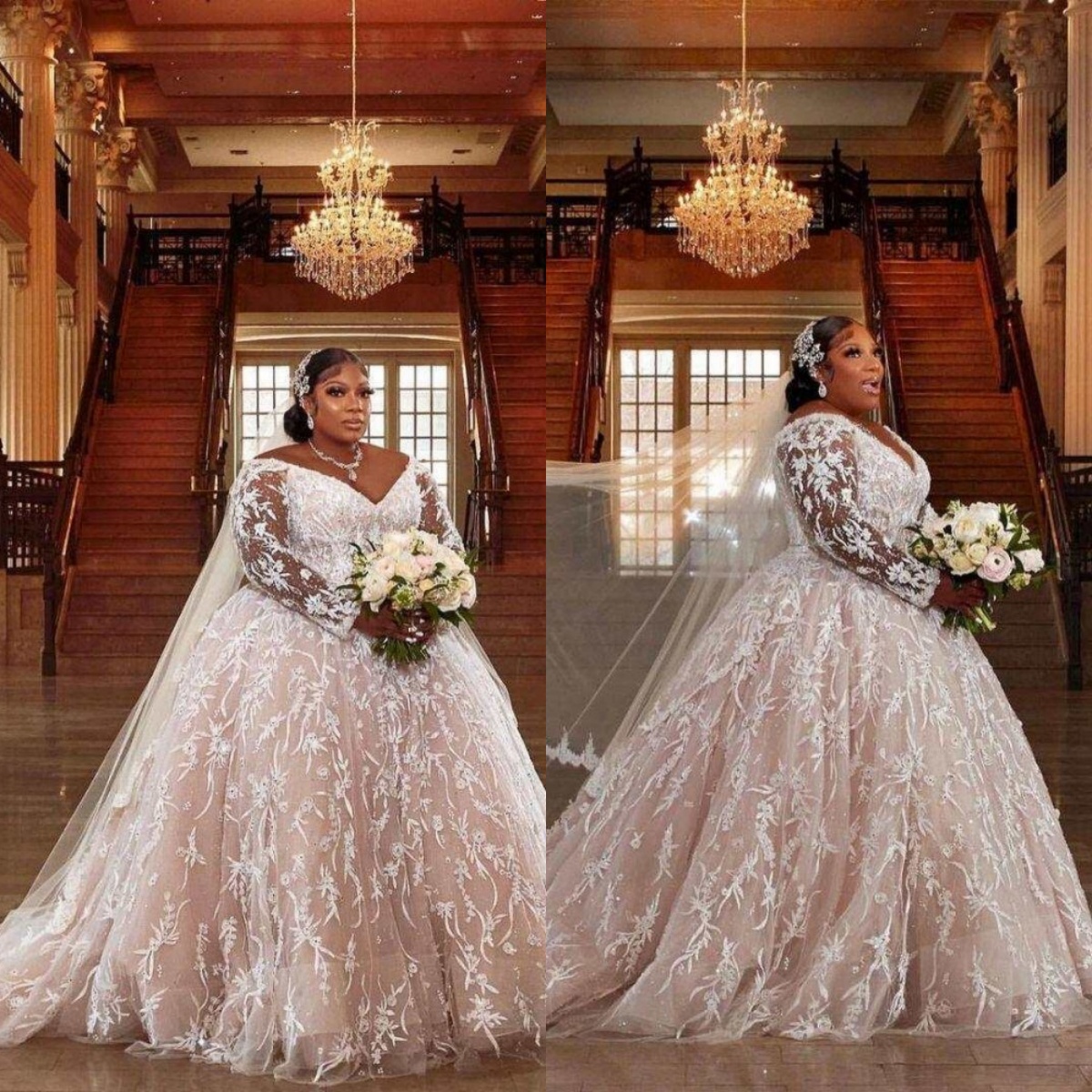 Plus Size Ball Gowns Appliques Sequins V Neck Wedding Dress Long Sleeve Sweep Train Tulle Bridal Dresses With Veils Custom Made