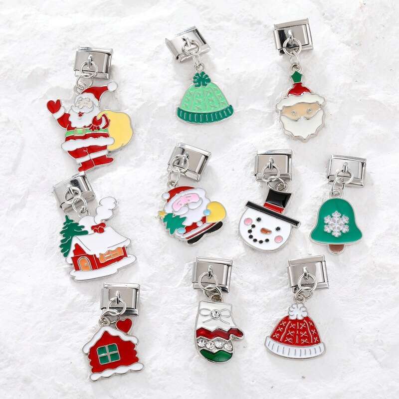 New Women's Gift Christmas hat Snowman Santa Claus Pendant Italian Charms Links Bangle Beads Fit 9mm Stainless Steel Bracelet Making DIY For Wome