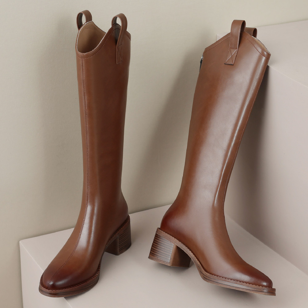 trend Women's 2023 genuine leather 5.5cm thick med heel round toe side zip autumnn knee high winter long boots shoes 0a22