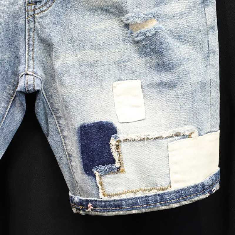Summer Casual Denim Knee Length Jeans Shorts Men Solid Vintage Washed Cowboy Streetwear Patchwork Fashion Skinny Cropped PantsX240914