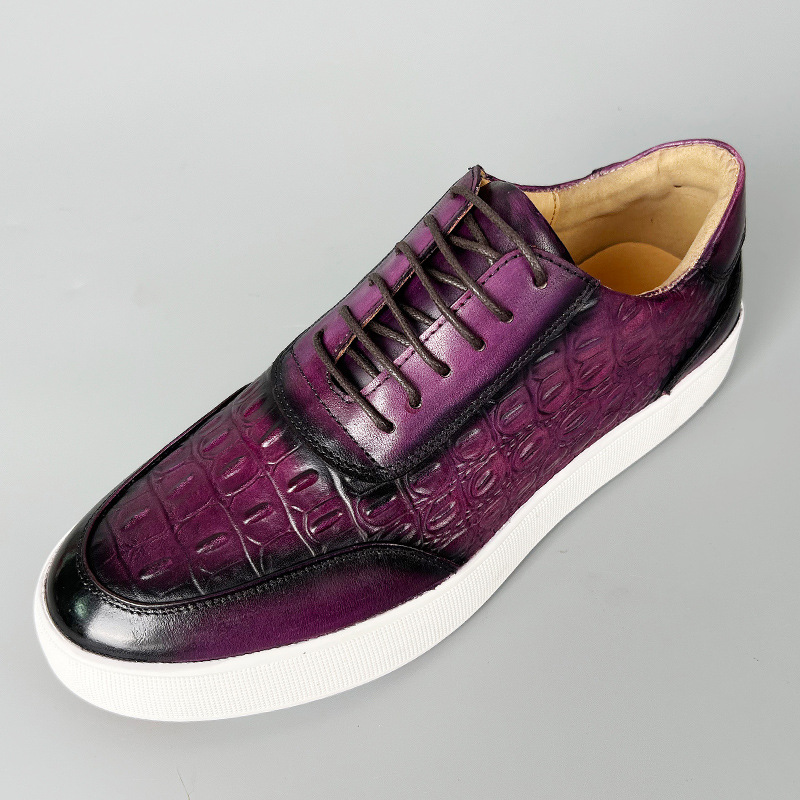 Newest 2023 Autumn Men Genuine Leather Casual Sneakers Lace Up Handmade Crocodile Design Men Daily Leather Footwear Purple