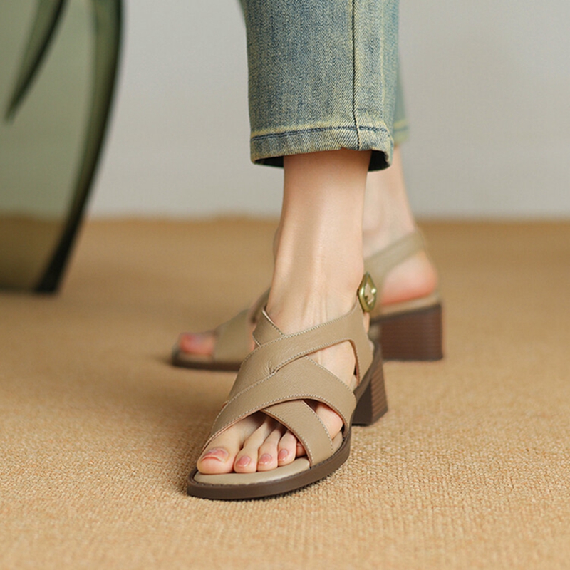 Summer NEW Sandals Genuine Leather for Women Open Sgback Round Toe Chunky Heel Beige Gladiator Shoes edc8