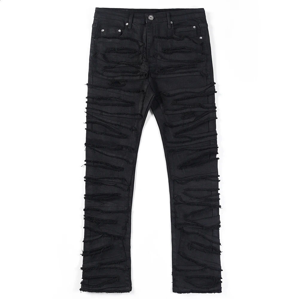 Ripped Jeans Men Hip Hop Y2k Vintage Slim Black Trousers Autumn Winter High Street Fit Cool Skinny Stacked Wax Hole Denim Pants 240909