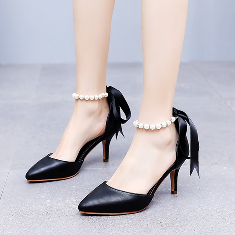 Rhie Pearl 7cm Medium Heel Sandals New 2024 Summer Beaded Ribbon Matte PU Leather Wedding Banquet Dress Women's Shoes Size 43 8394