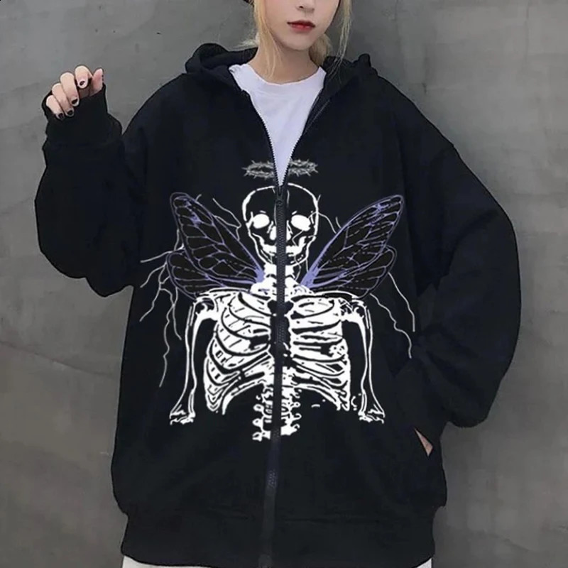 Y2k Hoodie Rhinestone Skeleton Goth Sweatshirt Sport Coat Pullover Mens Gothic Long Sleeve Oversized Hoodie Zip Jacket Hoodies 240913