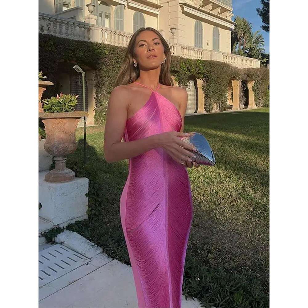 Women Sexy Tassel Back Slit Halter Dress Fashion Solid Off Shoulder Sleeveless Slim Long Dresses 2024 Lady Evening Party Robe