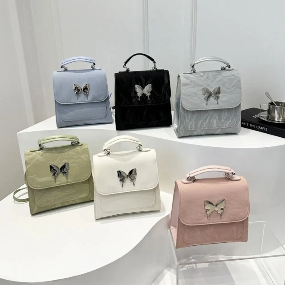 Large capacity Korean square backpack with butterfly pattern Pu leather backpack solid color handbag Y2k student backpack 240912