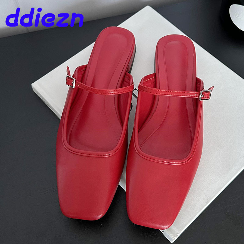 Female New Designer Fashion Square Toe Ladies Sandals Red Footwear Flats Slippers Mules Shoes New For Women 00dd
