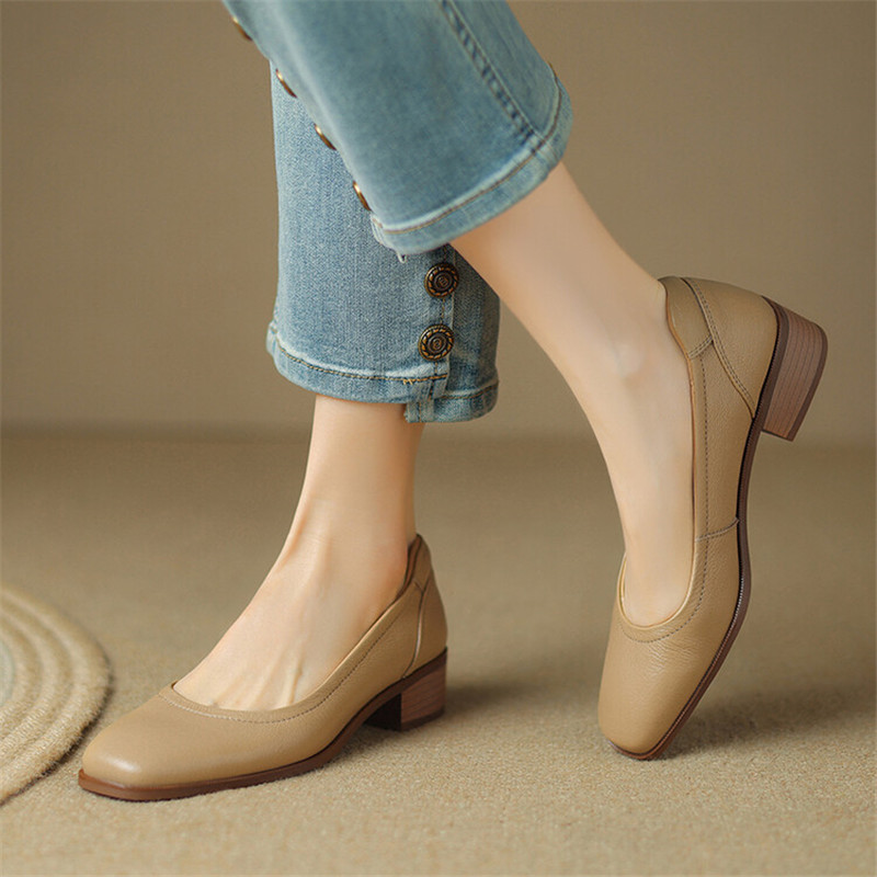 NEW Spring Autumn Genuine Leather Women Shoes Fashion Square Toe Chunky Shoes for Women Shallow Women Pumps Apricot Zaptos Mujer