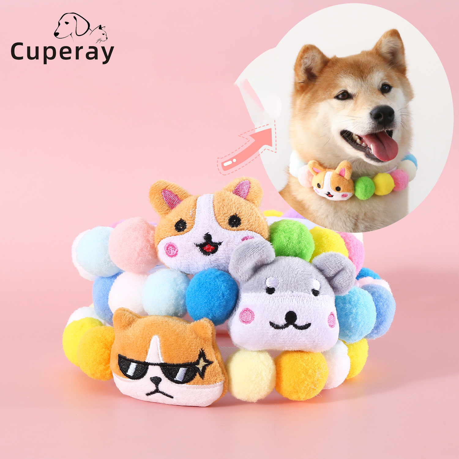 Plush Pet Collar Cat Shiba Inu Corgi Fado Cartoon Teddy Colorful Candy Ball Cat Collar Adjustable Neck Necklace Pets Decoration