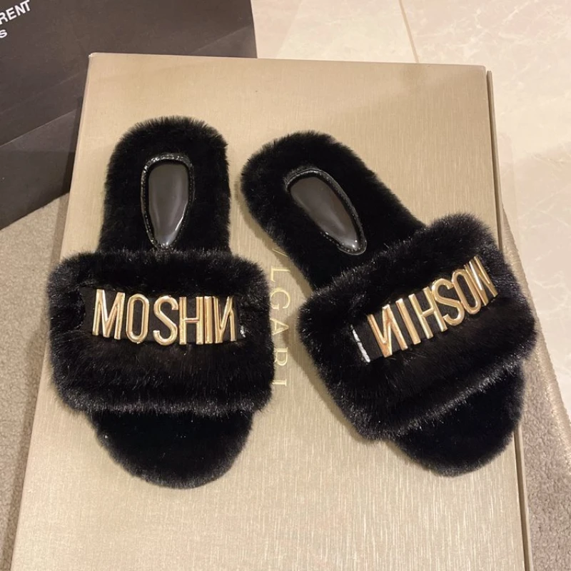 Plush Slippers Women 2023 Autumn and Winter New Fashion Metal Flat Cotton Slippers Non Slip Warm Zapatillas Planas