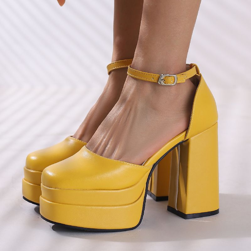 Women's Sexy Sandals Summer Platform Yellow High Heels Ankle Straps Pumps Stripper Fetish Dance Party Shoes Large Size 50 0929