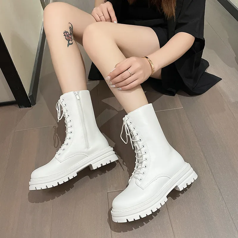 Dropshipping Women Mid Calf Boots Autumn Winter Boots Woman Fashion Lace-up Ladies Chelsea Zipper Platform Heel Ladies Shoes2023