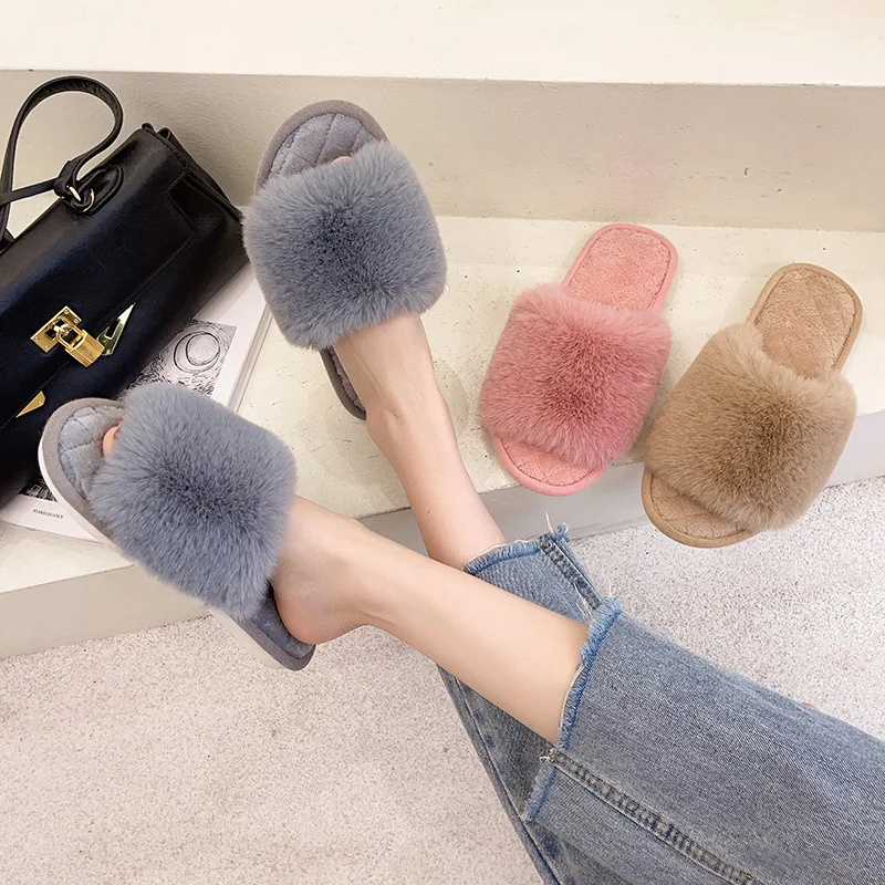 2023 New Woman Slippers Winter Simple Word Fur Flats Soft Home Women Slippers Faux Fur Warm Bedroom Leisure Female Slides Shoes