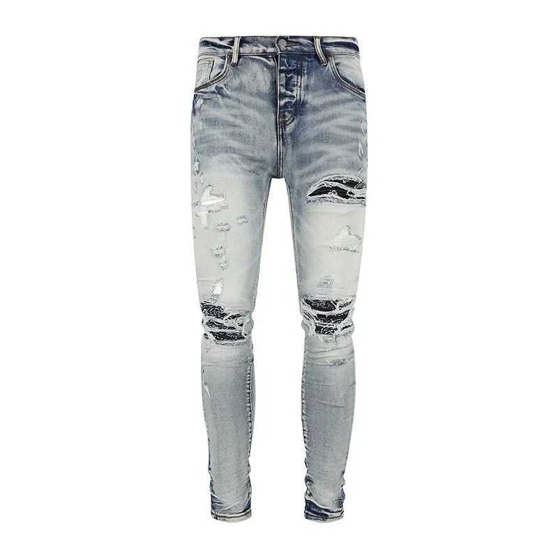 Fashionable mens jeans slim fit blue smooth silhouette pleated patches casual style jeans CL240912