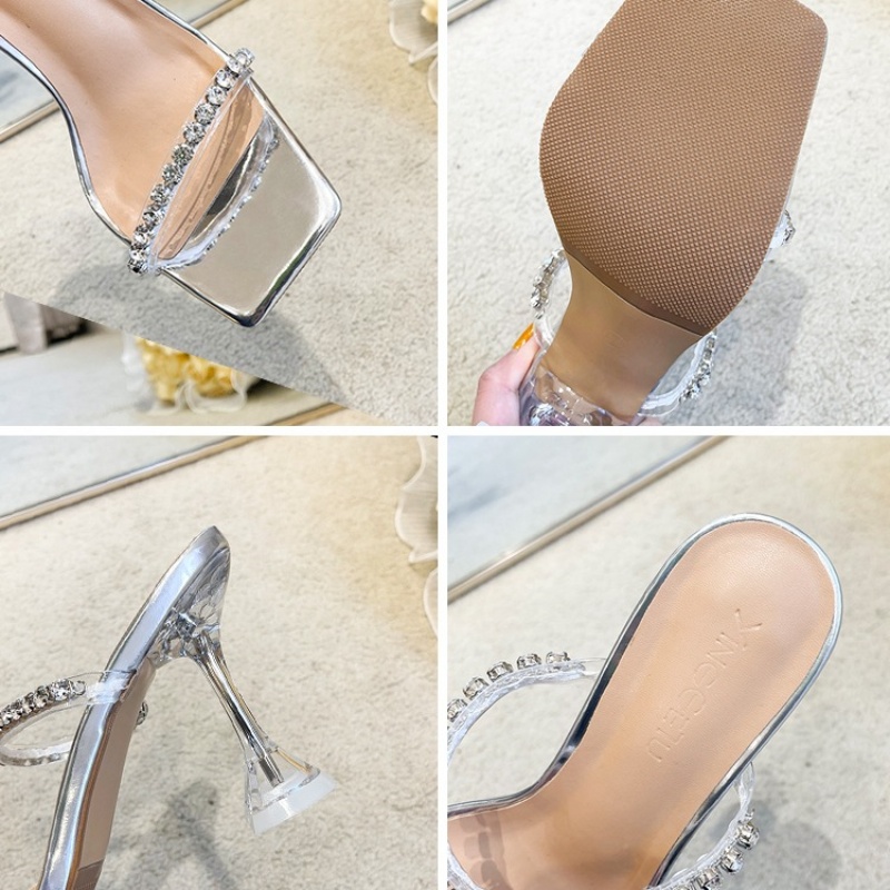 2024 Rhinestone High Heels Stiletto Slipper For Women Summer Wear Fairy Wind Crystal Wine Glasses Clear Slides Sandals