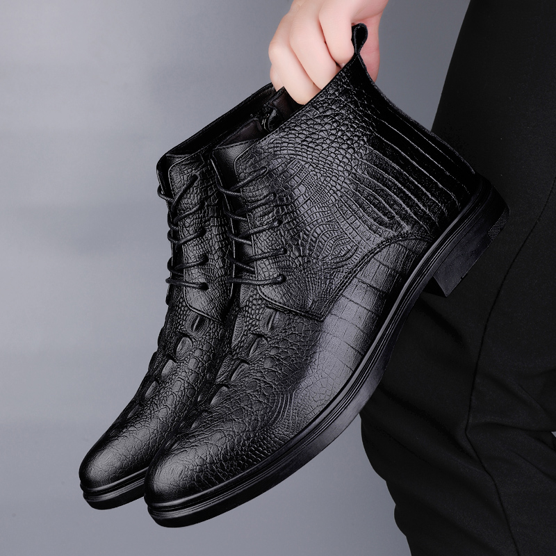 Men Chelsea Ankle Boots Side Zipper High Top Zip Crocodile Pattern Pointed Toe Business British Leather Shoes Party Dress Boots
