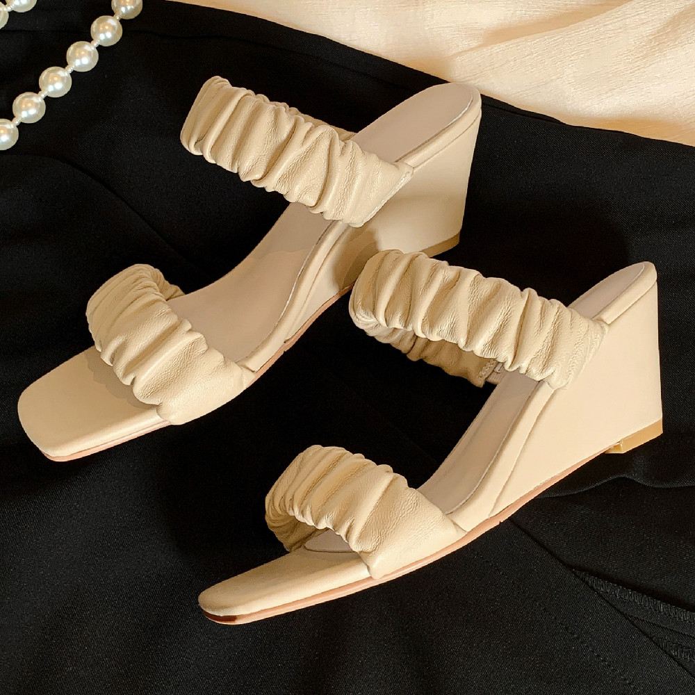 pleated Women's band slides open toe wedge 7cm high heel casual female british style summer sandals heeled New pumps shoes e8f4 ed