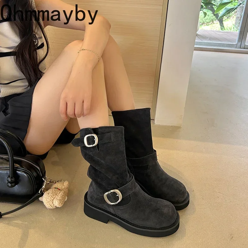 Style Retro Women Motorcycle Boots Fashion Metal Buckle Platform Heel Short Booties Winter Comfort Women's Footwear 1db8 's
