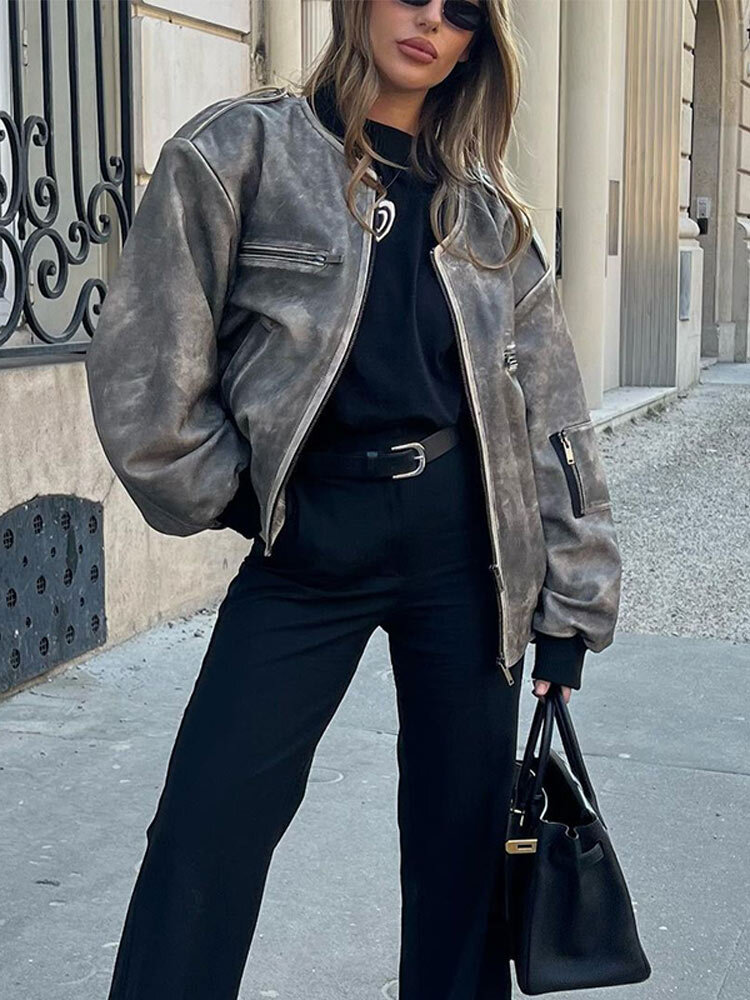 Women Casual O Neck Zipper Bomber Jacket Elegant Lantern Long Sleeves Pocket Short Coat Autumn Lady Commuting Motorcycle Outwear