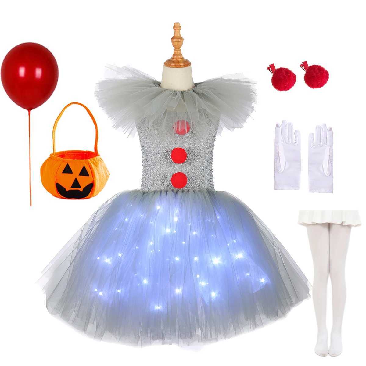 Halloween Grey Clown Girl LED Illuminated Costume Tutu Dress Terror Clown Childrens Carnival Party Role Playing Costume Childrens sheer Dress W240914