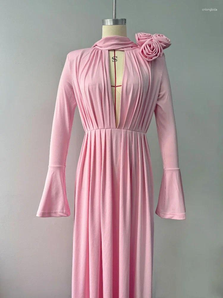 Casual Dresses XIZOU Spliced Appliques Ruched For Women Half High Collar Flare Sleeve Waist Split Thigh Solid Dress Female Cloth