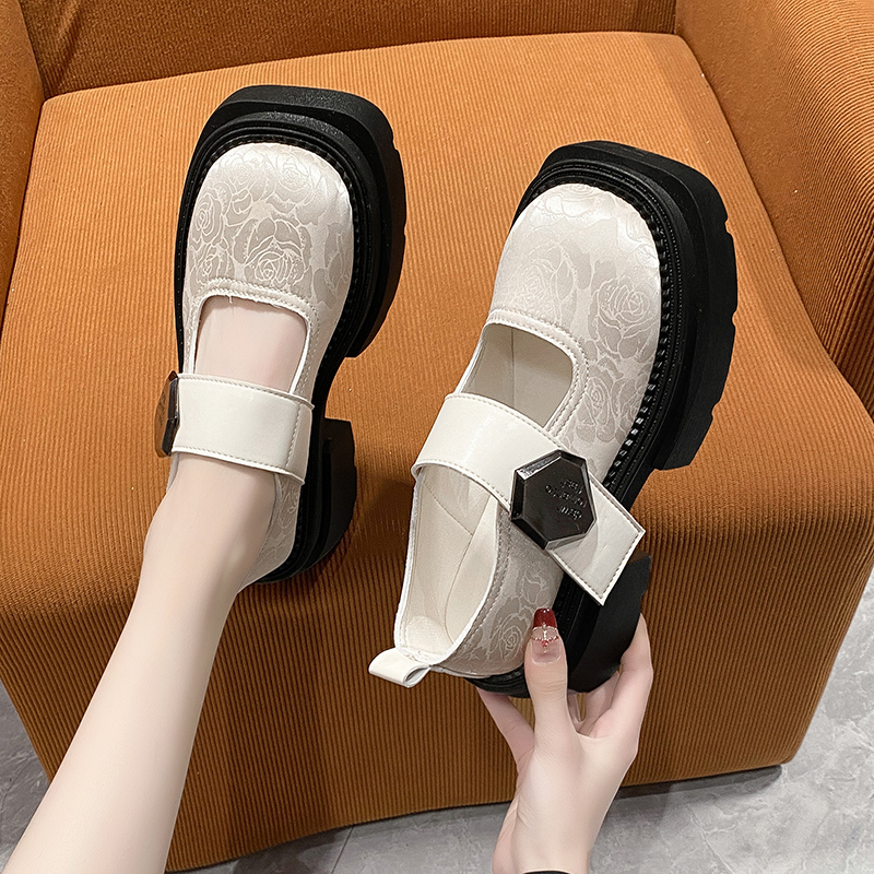 Thick Casual Thick Heels Increase Simple French Shallow Mouth Women 2024 New Spring Black Retro Mary Jane Shoes