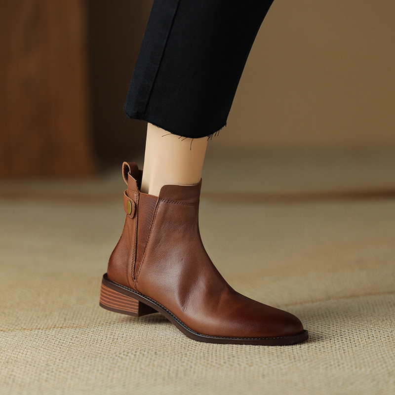 Autumn NEW Round Toe Low Heel Genuine Leather for Retro Black Ankle Boots Winter Women Shoes 804f