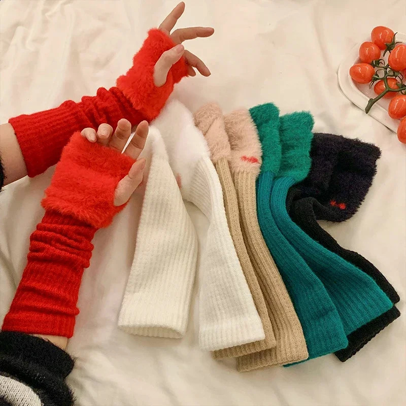 Mink wool soft long gloves winter half finger womens warm and ious white plush knitted fingerless 240911