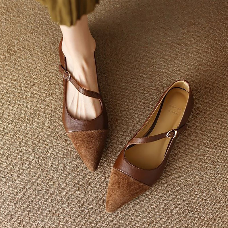 4 Color Women's Flats Mary Janes Shoes Pointed Toe Low Heels Dress Shoes Diagonal Buckle Leather Shoes New Zapatos Mujer 1312N